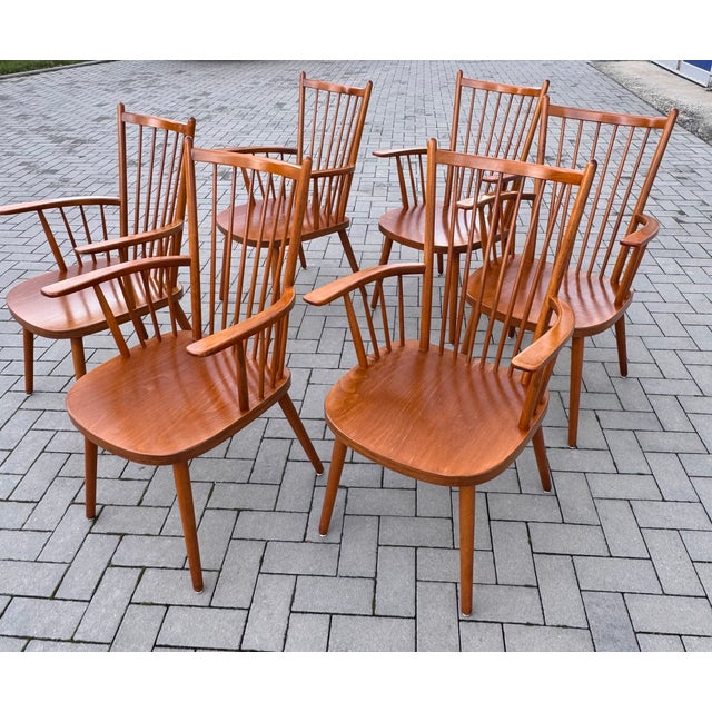 Mid-Century Modern Vintage Spindle Armchairs by Albert Haberer for Hermann Fleiner, 1950s, Set of 6 For Sale - Image 3 of 6