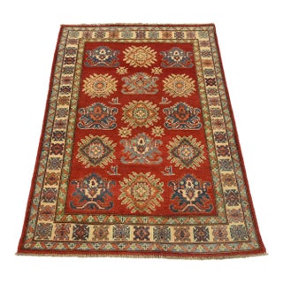 Kazak Rug 3’11” X 5’3” Red Wool Tribal Hand-Knotted Oriental Carpet For Sale