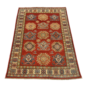 Kazak Rug 3’11” X 5’3” Red Wool Tribal Hand-Knotted Oriental Carpet