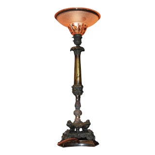 Victorian Bronze Table Lamp with Pink Empire Glass Shade, 1890 For Sale