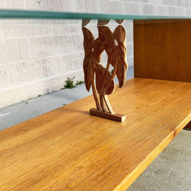 Brown Restored Hand Carved Hawaiian Koa Wood 2 Tiered Coffee Table W/ Glass Table For Sale - Image 8 of 9