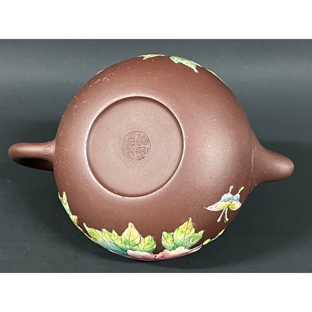 Late 20th Century Chinese Art Yixing Clay Teapot With Enamel Flower Design For Sale - Image 10 of 10