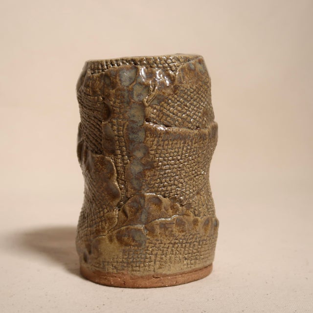 1970s Signed Hand-Formed Textured Studio Pottery Vase With Organic Wabi-Sabi Glaze For Sale - Image 4 of 9