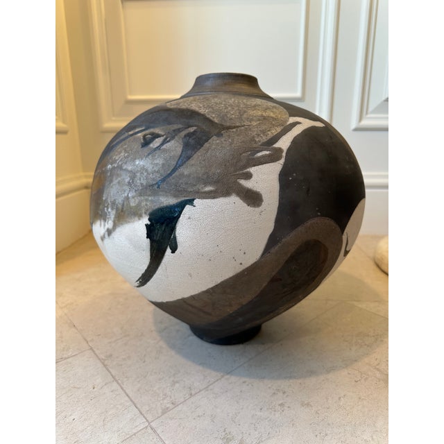 Taupe Vintage Monumental Raku Vase For Sale - Image 8 of 12