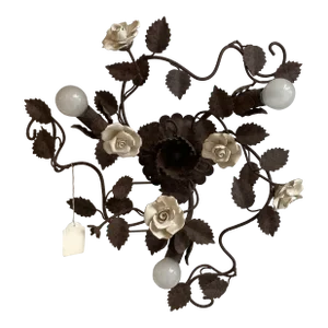 Contemporary Rush Florentine Wrought Iron Flush Mount With White Rose Flowers