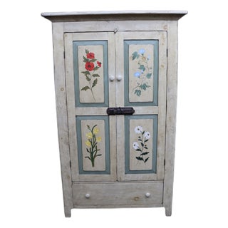 Primitive Painted Pine Linen Press With Floral Decoration For Sale