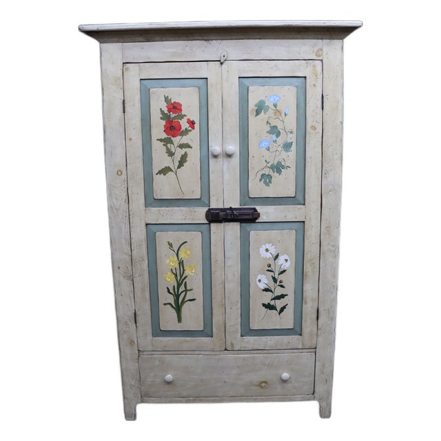 Primitive Painted Pine Linen Press With Floral Decoration For Sale