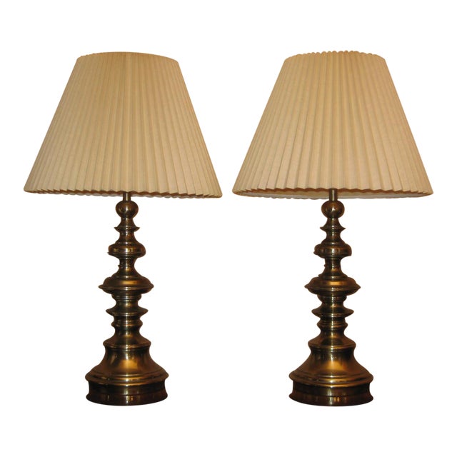 Stiffel Antique Brass Metal Table Lamps with OffWhite Pleated Lamp