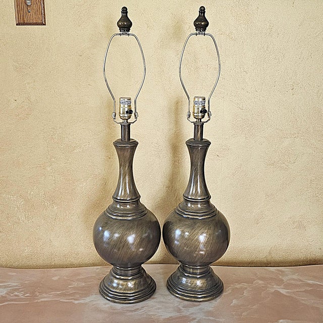 Metal Vintage Bronze Urn Table Lamps With Neutral Shades, Classic Traditional Lighting, 32” Tall - a Pair For Sale - Image 7 of 18