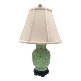 Vintage Chinoiserie Celadon Porcelain Ginger Jar Lamp With Shade For Sale