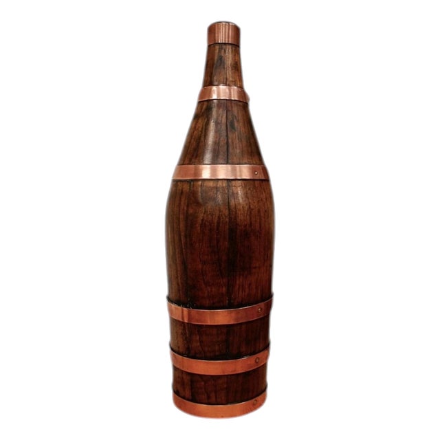 Antique French Oak Wine Bottle with Copper Banding, 1890 For Sale