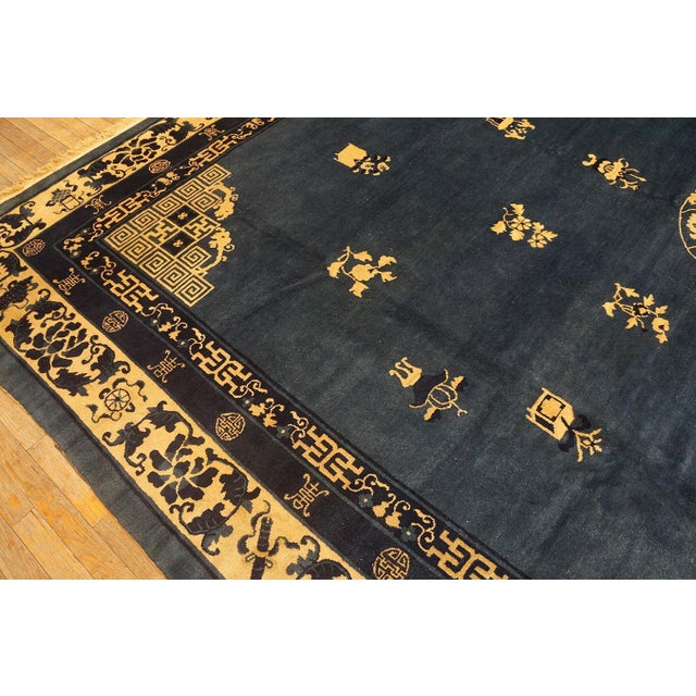 Nice Blue Background Color Refined Minimalist Design Antique Chinese Peking Rug For Sale - Image 11 of 12