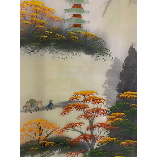 Asian Style Chinese Hand Painted Landscape on Silk Scroll Circa 1970 For Sale - Image 4 of 9
