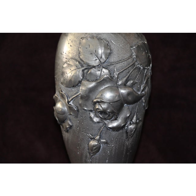 Pewter vase Roses decor Floral decor Flowers decor Silver Art Nouveau Vintage French Flower vase Decorative Ornate vase...