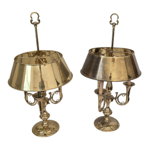 Pair of Vintage Brass Bouillotte Table Lamps With Brass Shades