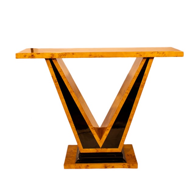 Art Deco Console Table in Burl Walnut Veneer and Black Lacquer For Sale - Image 3 of 6