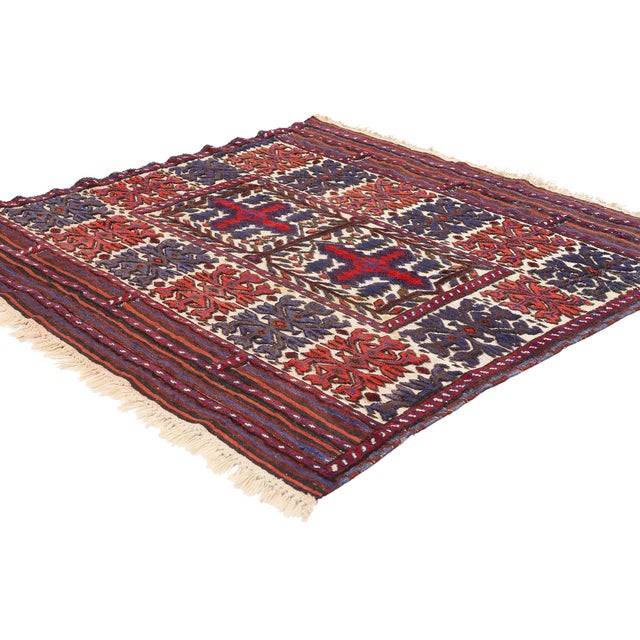 79092 Antique Caucasian Soumak Rug, 03'11 x 03'11. This exquisite handwoven wool antique Caucasian Soumak rug is a...