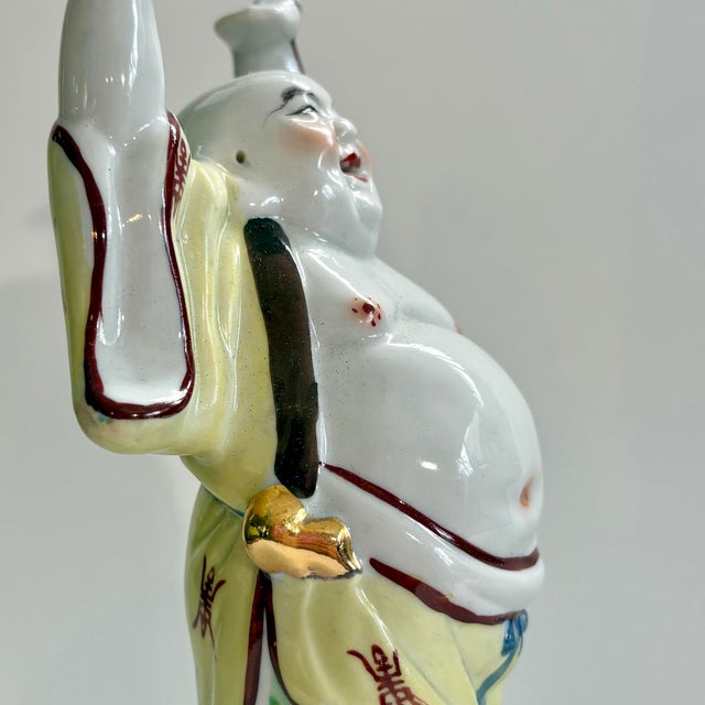 Vintage Chinese Laughing Buddha Ceramic Sculpture, Hand Painted For Sale In Miami - Image 6 of 11