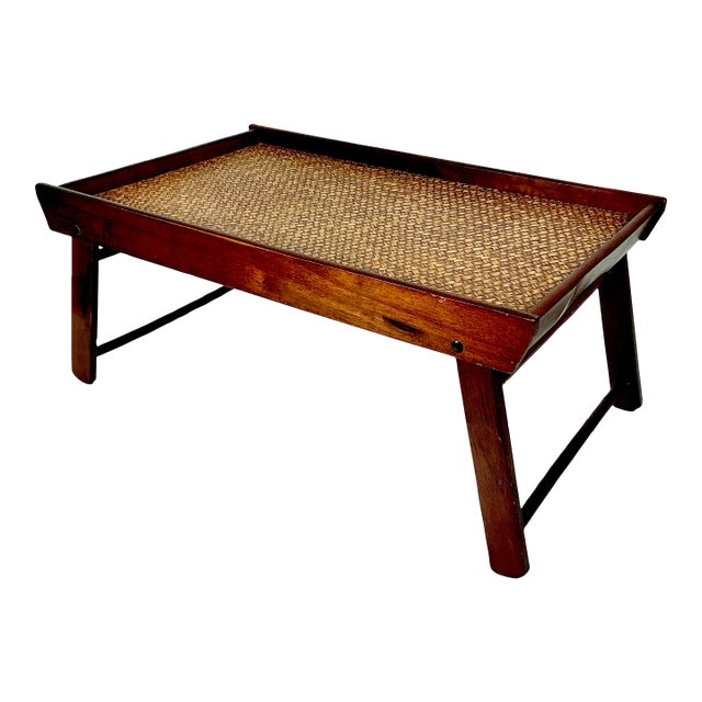 1980s Vintage Boho Chic Coastal Woven Rattan Top Wood Lap Tray For Sale