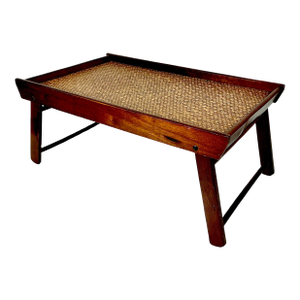 1980s Vintage Boho Chic Coastal Woven Rattan Top Wood Lap Tray.