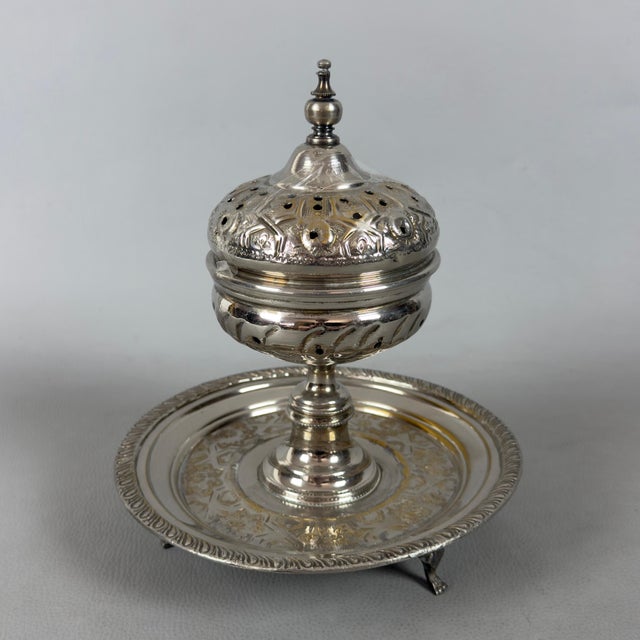 Antique Arabic Silver-Plated Brass Mabkhara Censer, Fès, Morocco For Sale - Image 3 of 12