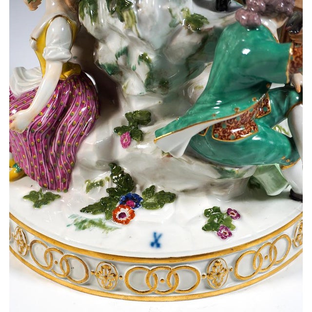 Large Round Porcelain Group with Three Couples at Tree attributed to M.V. Acier for Meissen, 1940 For Sale - Image 11 of 13