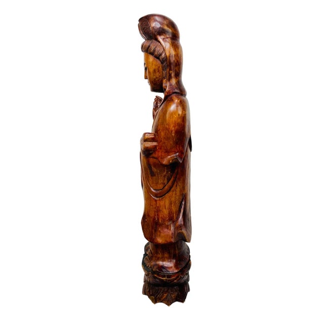 Large Vintage Hand Carved Solid Wood 4.5 Foot Standing Kwan Yin/Guanyin Statue For Sale - Image 9 of 12