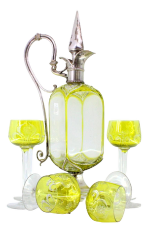 Liqueur Jug with Glass Core in Relief and Glasses, Set of 7