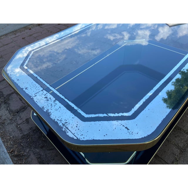 Mid-Century Modern Vintage Hollywood Regency Style Black Lacquer and Glass Floating Coffee Table With Patina For Sale - Image 3 of 18