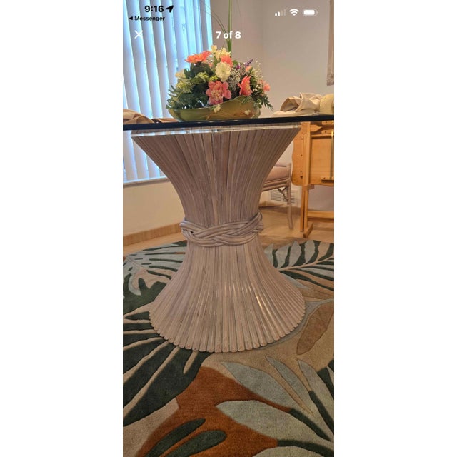 Vintage McGuire Style Sheaf of Wheat Rattan Dining Table & Elinor McGuire Style Cracked Ice Armchairs – Set of 5 For Sale - Image 9 of 9