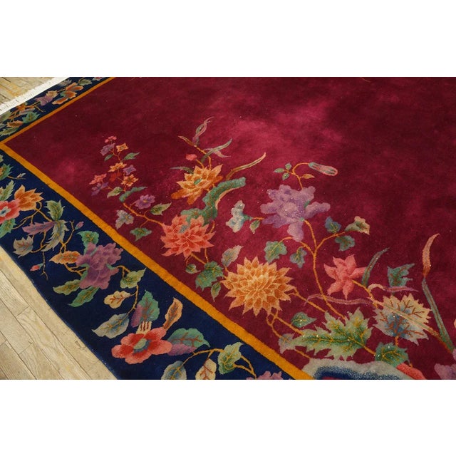 1920s Ruby Red Floral Antique Chinese Art Deco Carpet 8'10" X 11'2" Handknotted Pile Wool Rug For Sale - Image 4 of 9