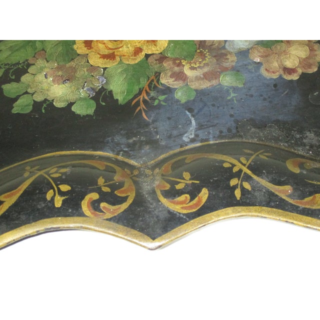 Black Antique Hand-Painted Floral Tole Tray For Sale - Image 8 of 11