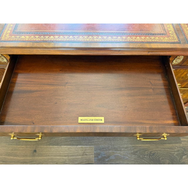 Wood 1980s Maitland-Smith Burl Wood Executive Desk With Leather Inset Top – Double Pedestal, Brass Hardware For Sale - Image 7 of 17
