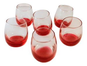 Mid Century Barware Red Bubble Glass Rocking Low-Ball Glasses Set of Six