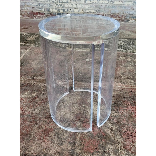 American Lucite 21" Cylindrical Heavy Drum Side Table For Sale - Image 3 of 7