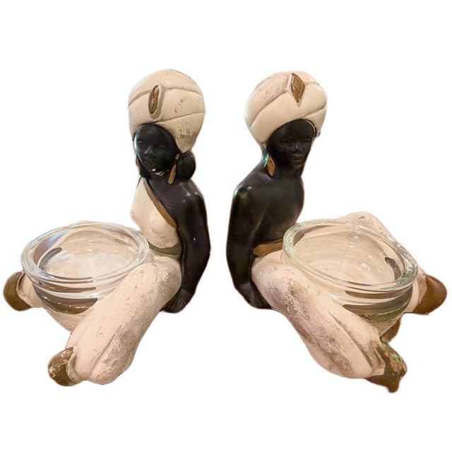 1950s Mid-Century Chalkware Blackamoor Figurines & Ashtrays With Glass Inserts - A Pair For Sale - Image 4 of 6