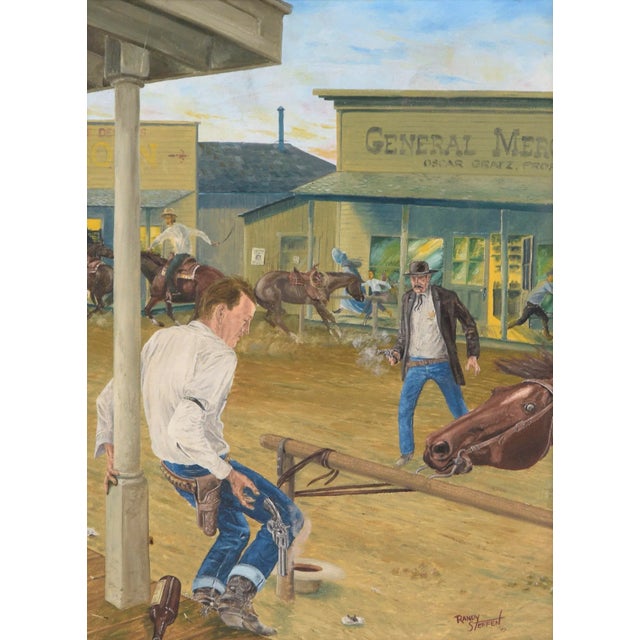 A dramatic mid-century western figurative action scene depicting a shootout in an old western town by Randy Steffen...