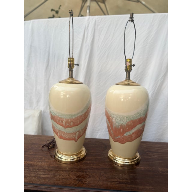 Postmodern 1980s Postmodern Ceramic Pastel Drip Glaze Table Lamps - A Pair For Sale - Image 3 of 12