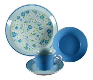 1970s Blue Bell and White Flower Floral Service for 4 Dinnerware - 16 Piece Set
