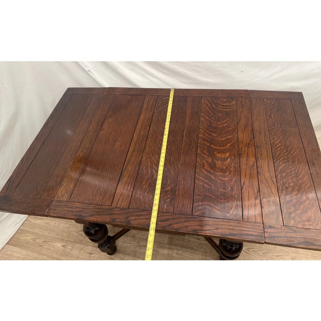 Early 20th Century English Tudor Expansion Table Turned Baluster Legs Quarter Sawn Oak, X-Stretcher For Sale - Image 13 of 16