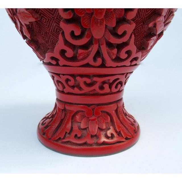 Vintage C.1950's Chinese Asian Carved Cinnabar With Interior Blue Enamel Vase For Sale - Image 11 of 13