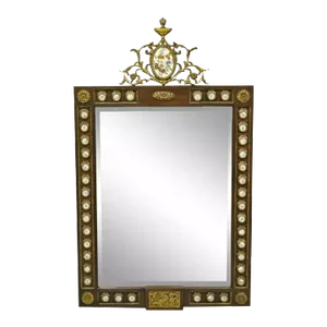 Vintage French Louis XV Style Brass Ormolu and Porcelain Plaque Wall Mirror