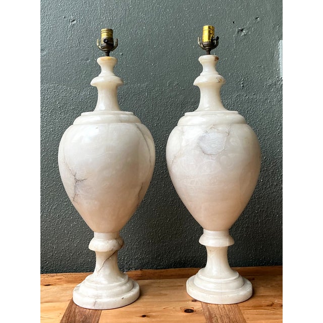 Mid 20th Century Vintage Alabaster Urn Form Lamps - a Pair For Sale - Image 5 of 12