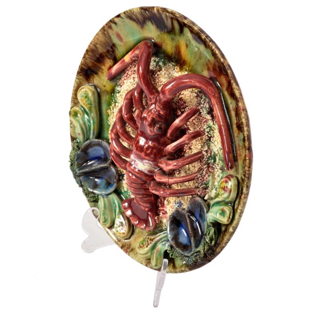 Traditional Antique Portuguese Pottery Palissy Style Majolica Lobster Wall Dish Plate, 1900 For Sale - Image 3 of 9