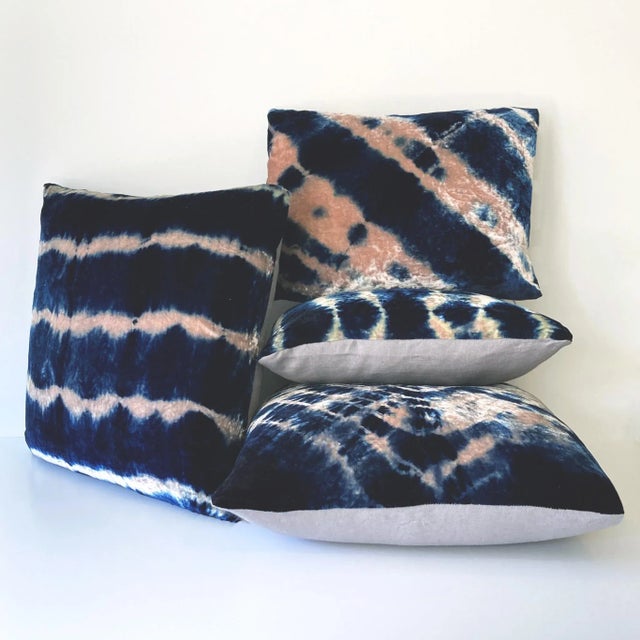 Abstract Rousseau Hand Dyed Silk Velvet Pillow, Rose Pink & Indigo Blue Stripe Abstract Pattern For Sale - Image 3 of 5