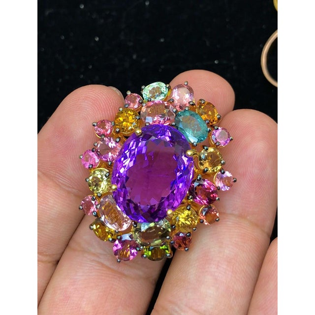 Bochic “Orient” Multi Tourmaline & Amethyst Ring Set In 18K Gold & Silver Natural Amethyst - 17.50 Carat Natural Round...