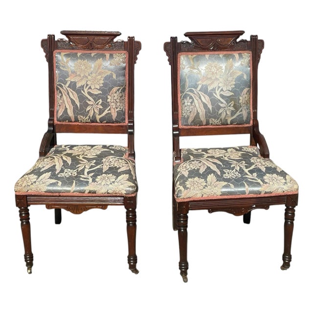 Pair of 19th Century Eastlake Victorian Parlor Chairs – Carved Walnut With Floral Tapestry Upholstery For Sale