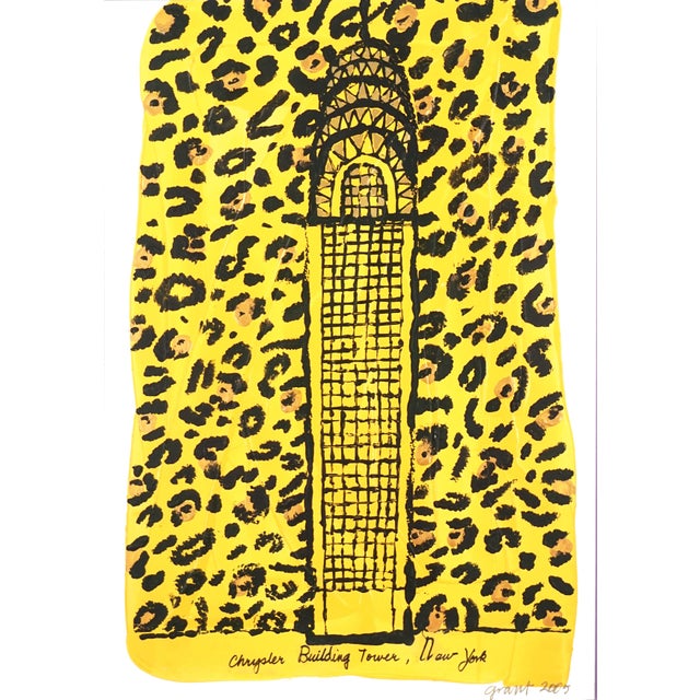 Playful pop art style depiction of the Chrysler Building Tower in New York on a yellow/metallic gold leopard print...