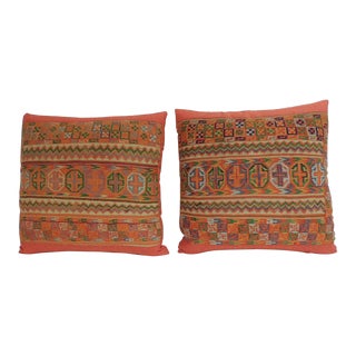 Woven Turkish Orange and Green Decorative Square Pillows - A Pair For Sale