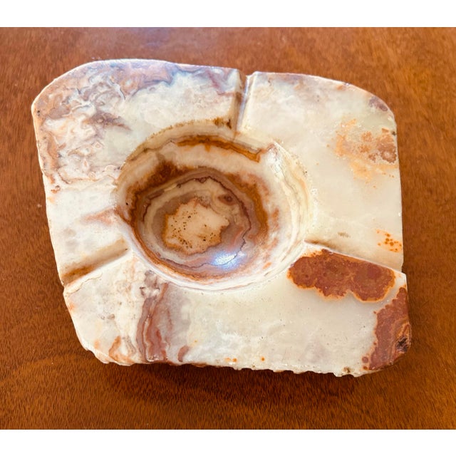 Vintage mid century organic colorful free form slab ashtray. Hand carved alabaster natural solid stone with natural rough...